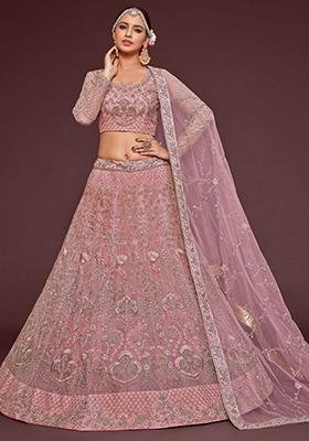 Pink Embroidered Net Lehenga Set