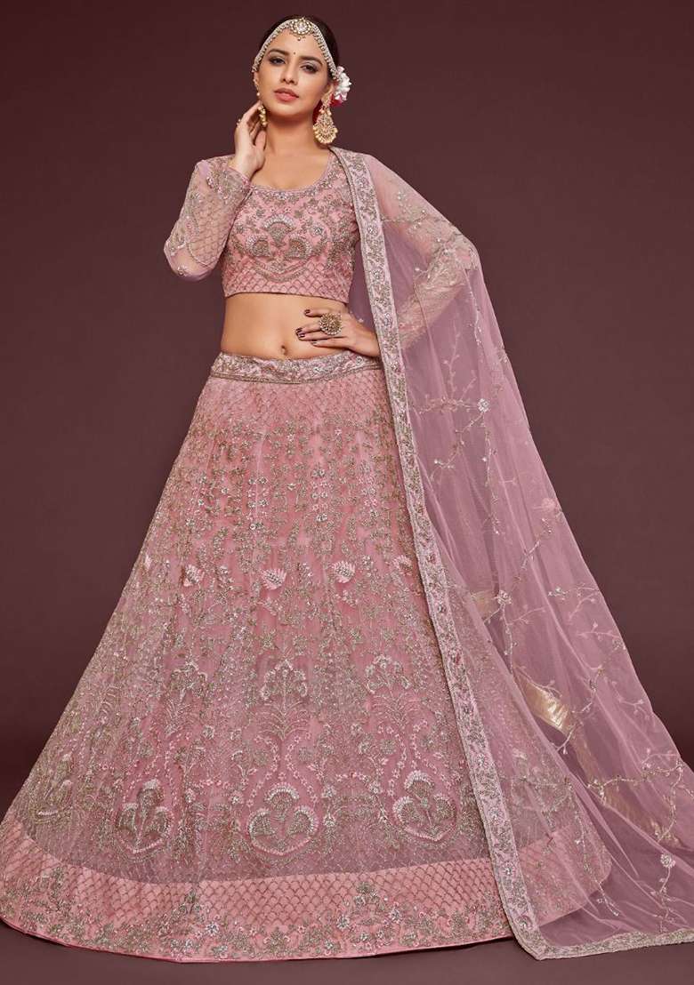 Pink Net Lehenga Set with Embroidered for Diwali | Wedding & Festive Wear - Indya