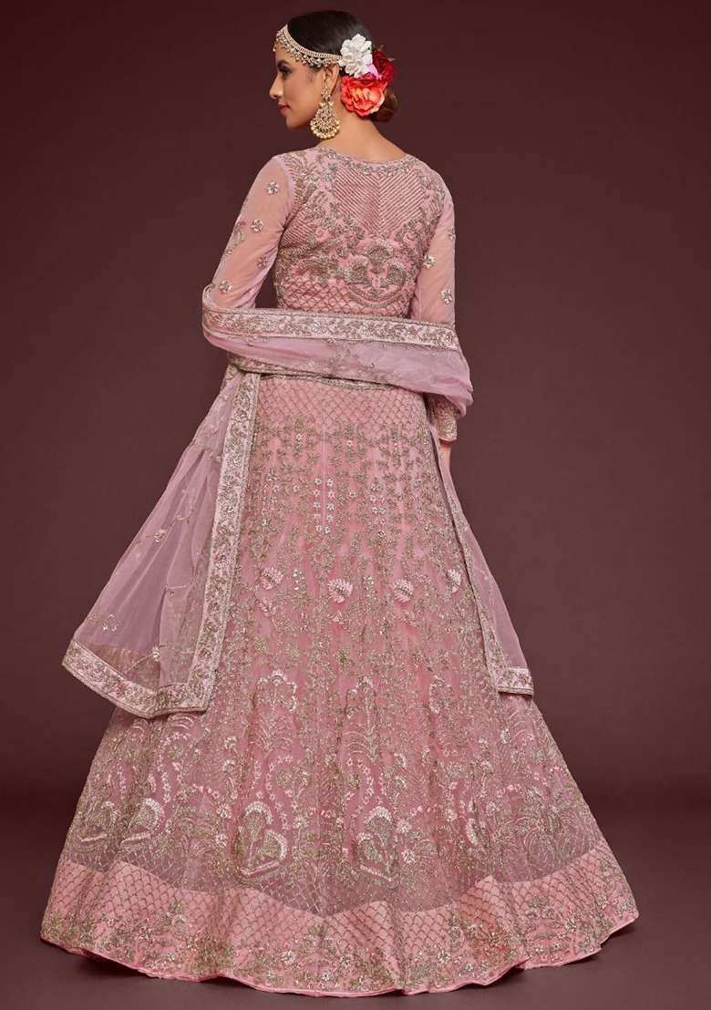 Pink Net Lehenga Set with Embroidered for Diwali | Wedding & Festive Wear - Indya