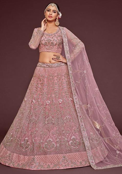 Pink Embroidered Net Lehenga Set