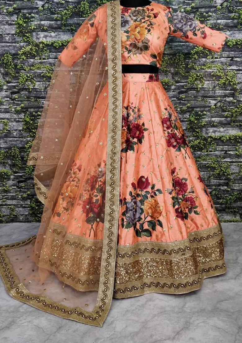 Peach Digital Print Art Silk Lehenga Set