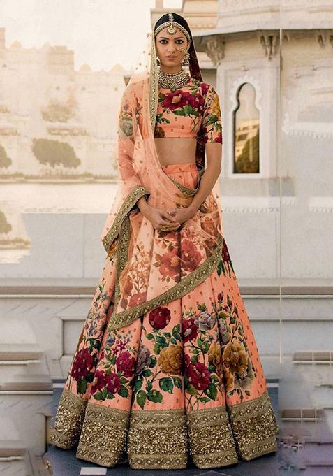 Peach Digital Print Art Silk Lehenga Set