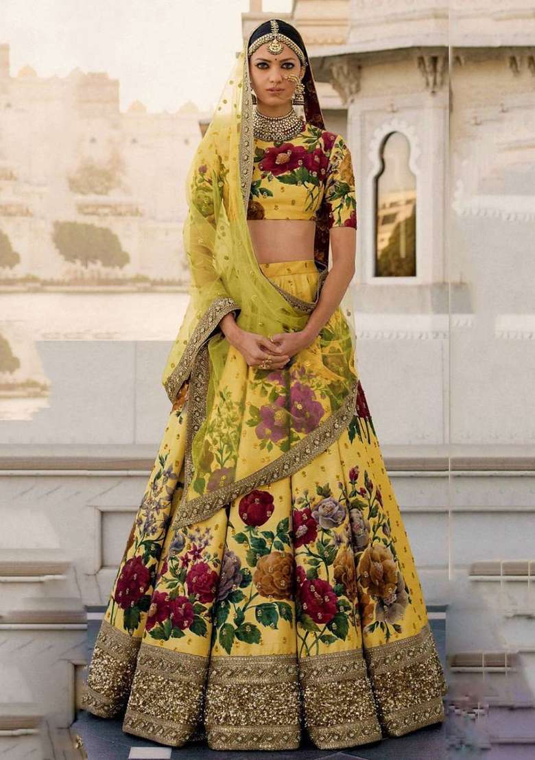 Yellow Blend Art Silk Lehenga Set with Digital Print for Diwali | Wedding & Festive Wear - Indya