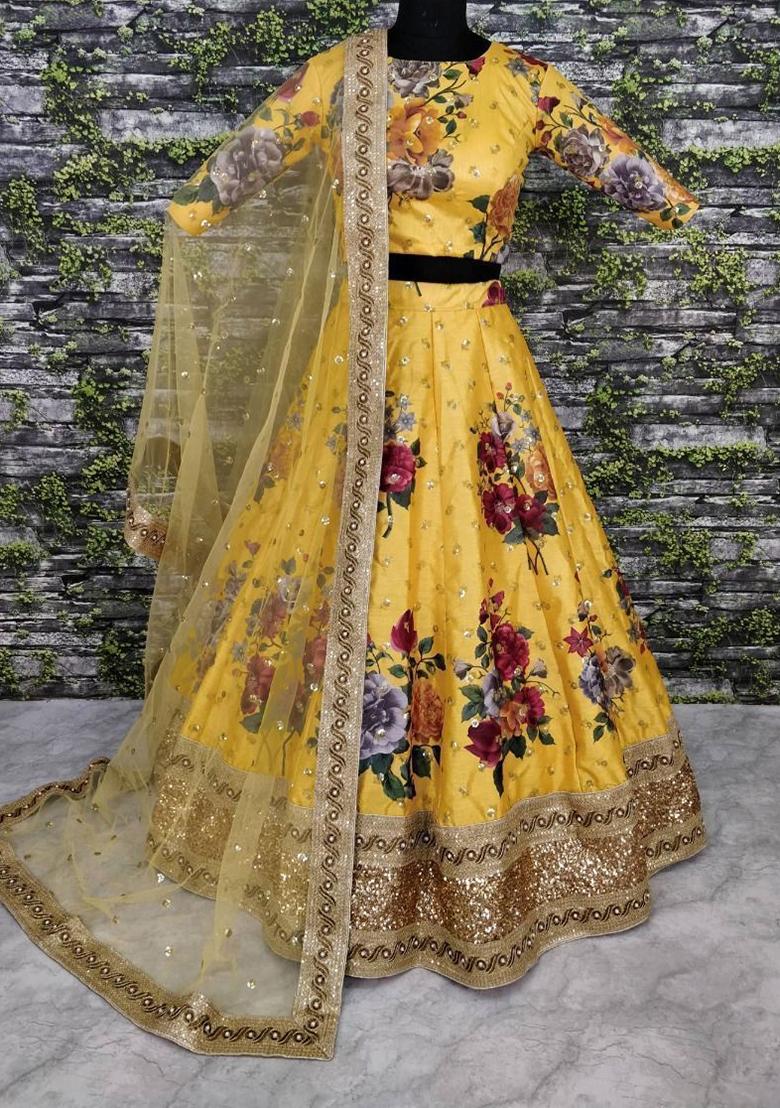 Yellow Digital Print Art Silk Lehenga Set