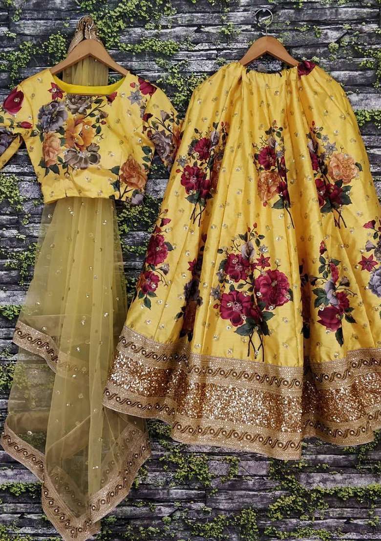 Yellow Blend Art Silk Lehenga Set with Digital Print for Diwali | Wedding & Festive Wear - Indya