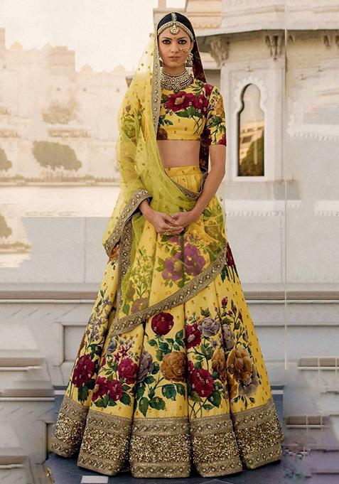 Yellow Digital Print Art Silk Lehenga Set