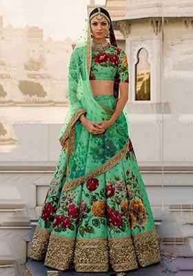 Green Digital Print Art Silk Lehenga Set