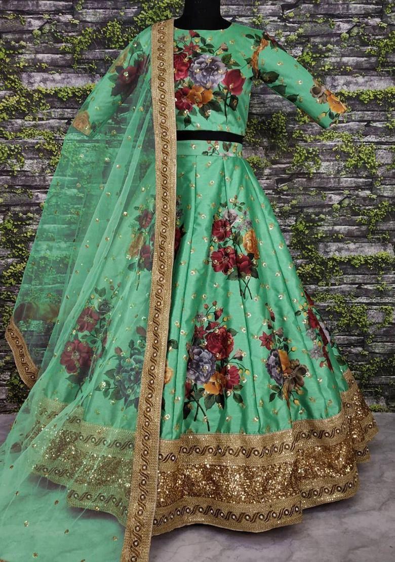 Green Digital Print Art Silk Lehenga Set