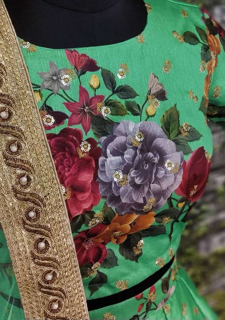 Green Blend Art Silk Lehenga Set with Digital Print for Diwali | Wedding & Festive Wear - Indya