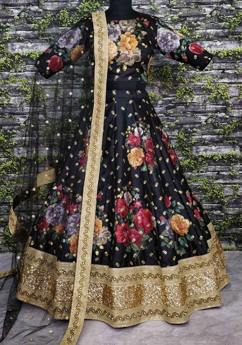 Black Digital Print Art Silk Lehenga Set