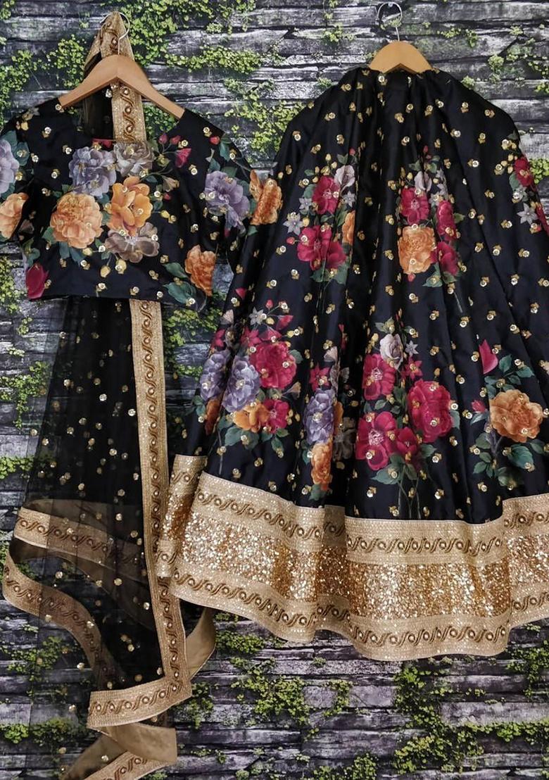 Black Digital Print Art Silk Lehenga Set