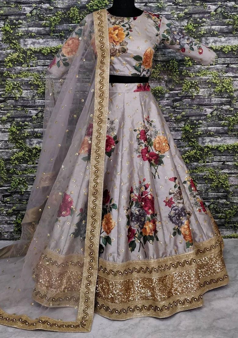 Grey Digital Print Art Silk Lehenga Set