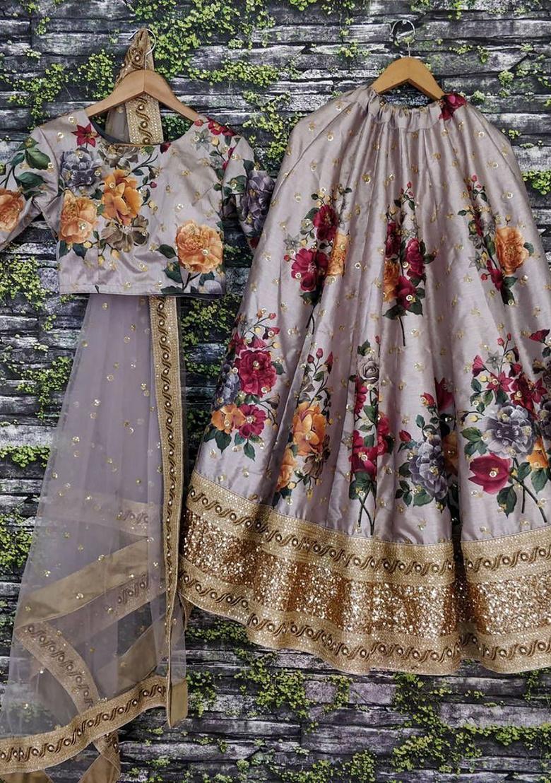 Grey Digital Print Art Silk Lehenga Set
