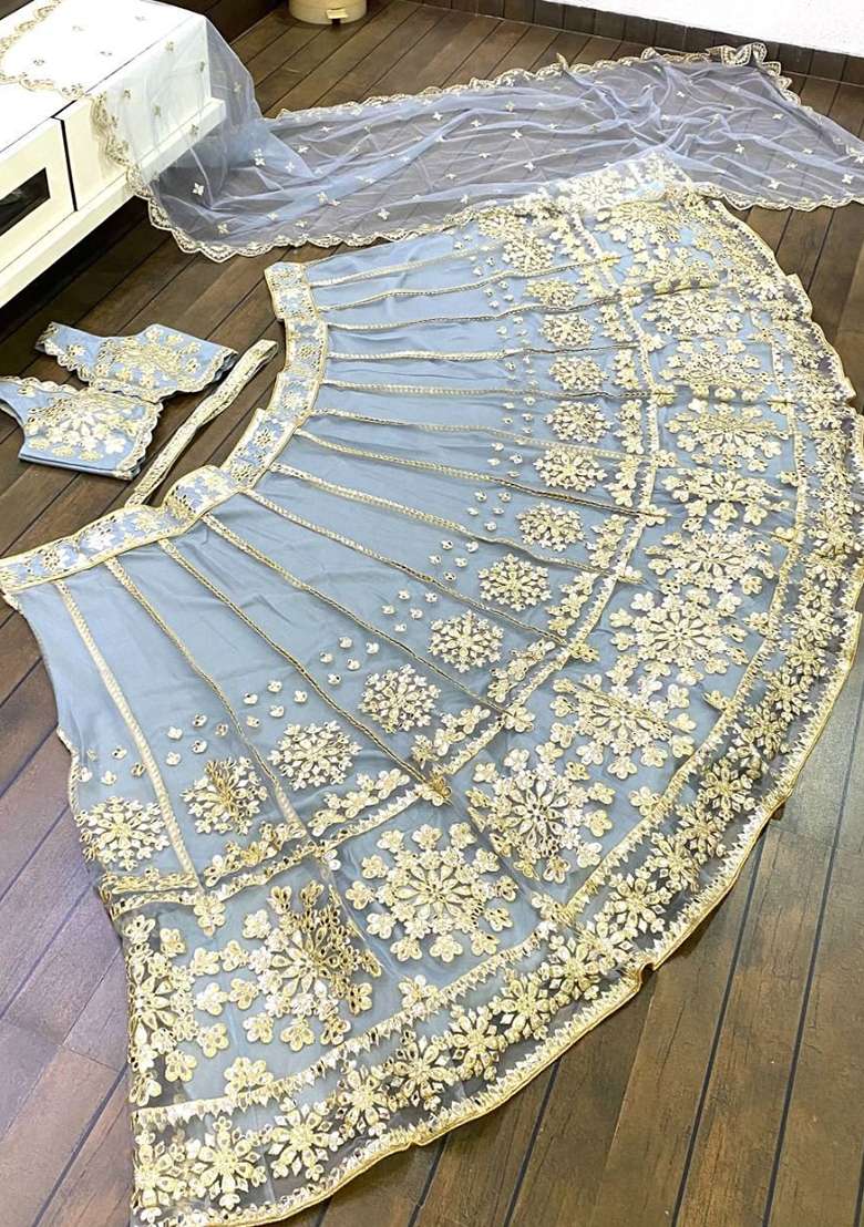 Sky Blue Net Lehenga Set with Zari Work for Diwali | Wedding & Festive Wear - Indya
