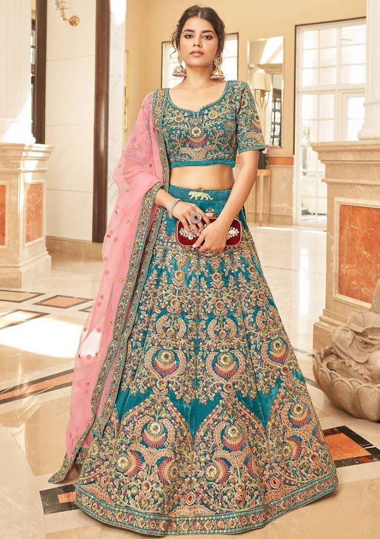 Blue Embroidered Velvet Lehenga Set for Diwali and Festive Wear - Indya