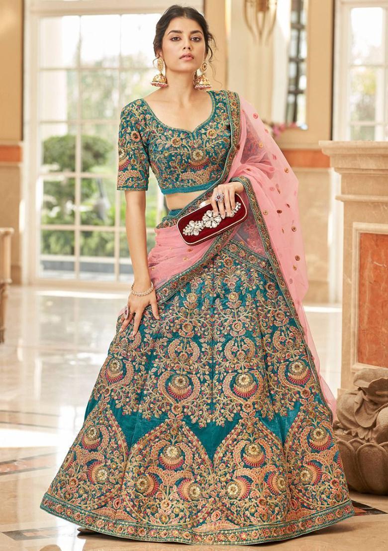 Blue Embroidered Velvet Lehenga Set