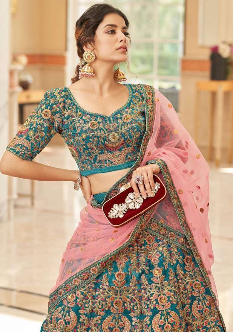 Blue Embroidered Velvet Lehenga Set for Diwali and Festive Wear - Indya