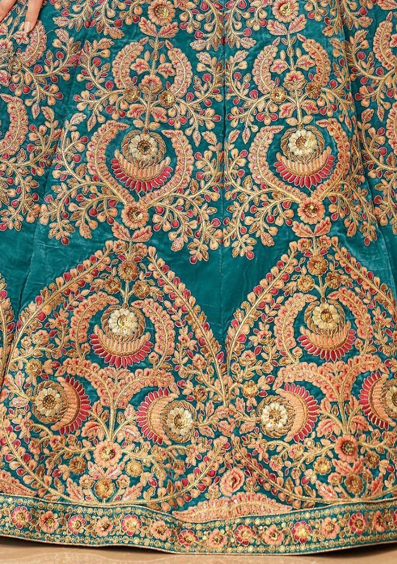 Blue Embroidered Velvet Lehenga Set
