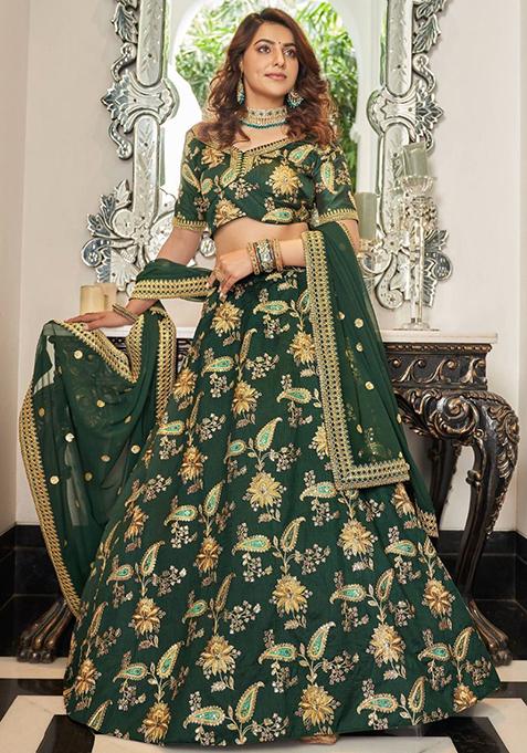 Green Embroidered Art Silk Lehenga Set