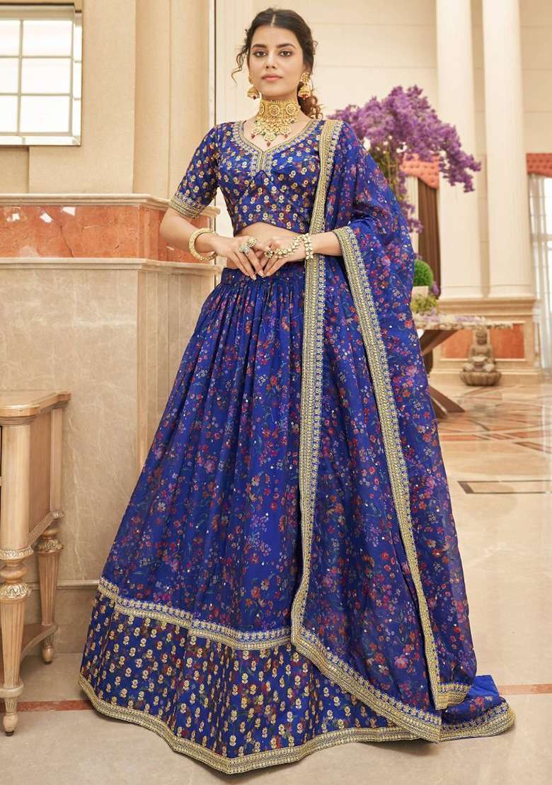Blue Organza Lehenga Set with Digital Print for Diwali | Wedding & Festive Wear - Indya