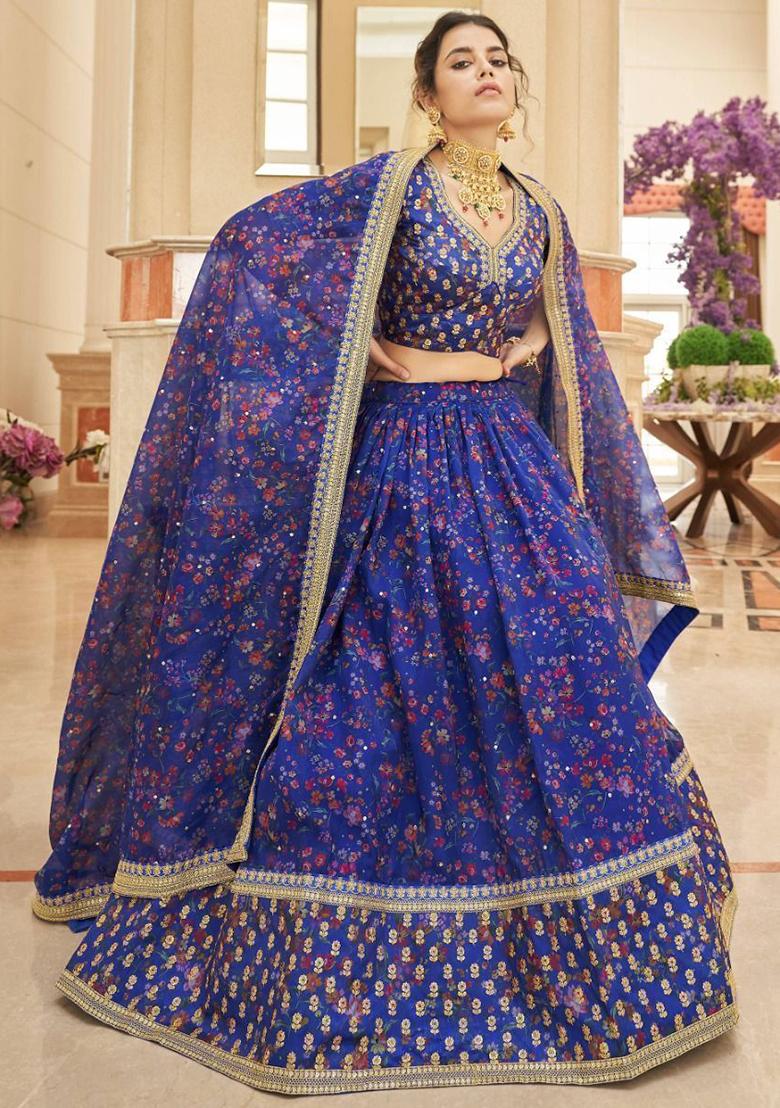Blue Digital Print Organza Lehenga Set