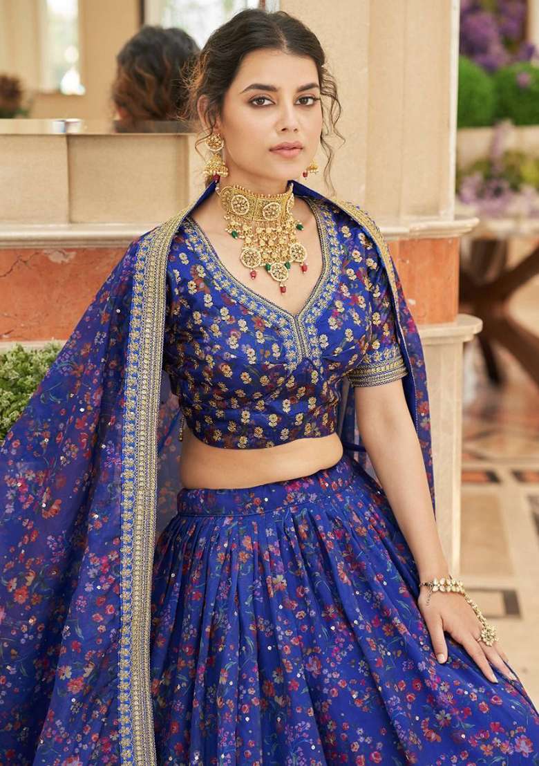 Blue Organza Lehenga Set with Digital Print for Diwali | Wedding & Festive Wear - Indya