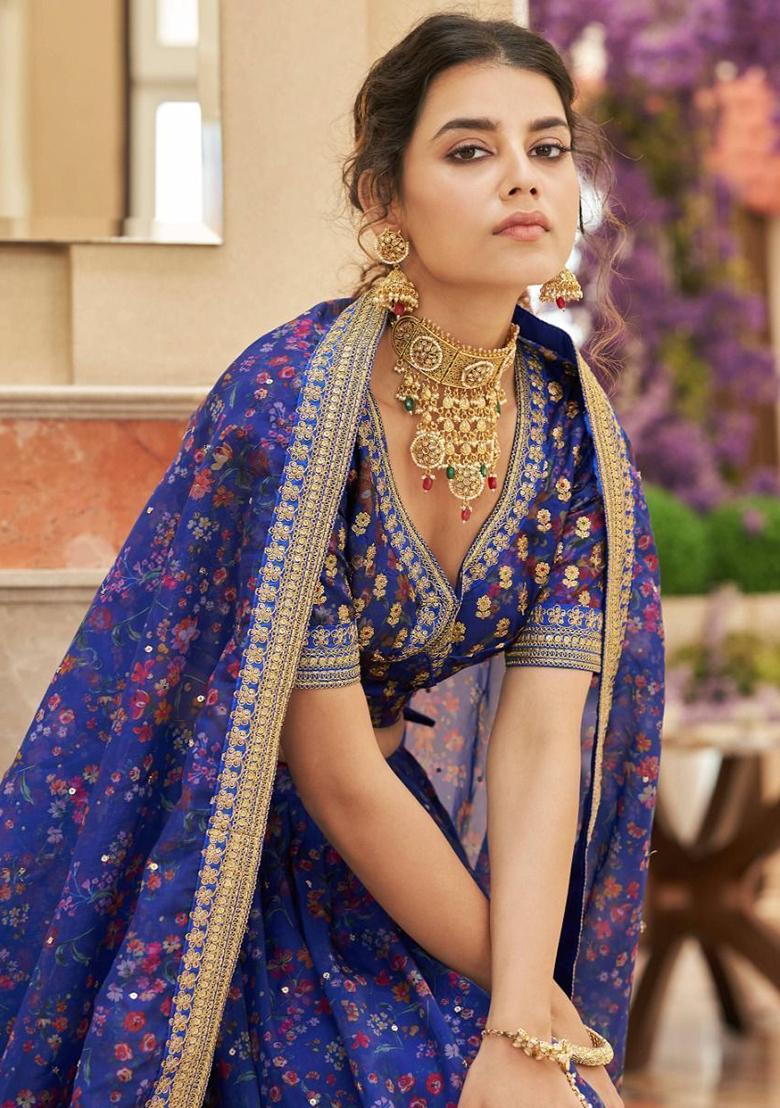 Blue Digital Print Organza Lehenga Set