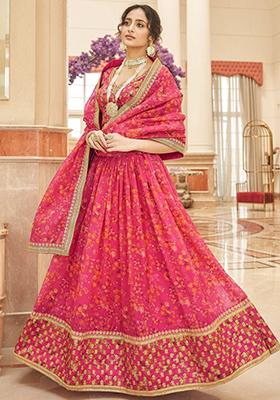 Pink Floral Print Organza Lehenga Set