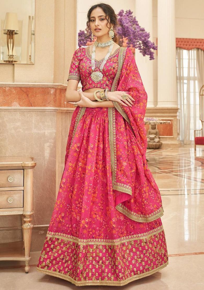 Pink Floral Print Organza Lehenga Set