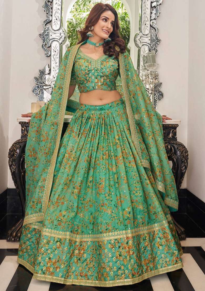 Green Organza Lehenga Set with Floral Print for Diwali | Wedding & Festive Wear - Indya