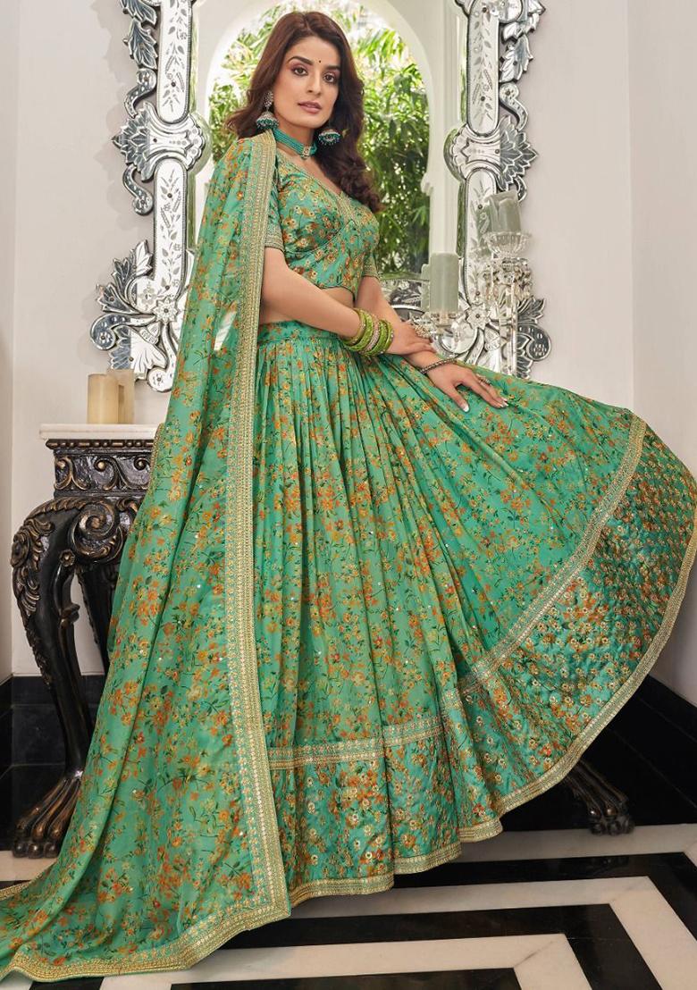 Green Floral Print Organza Lehenga Set