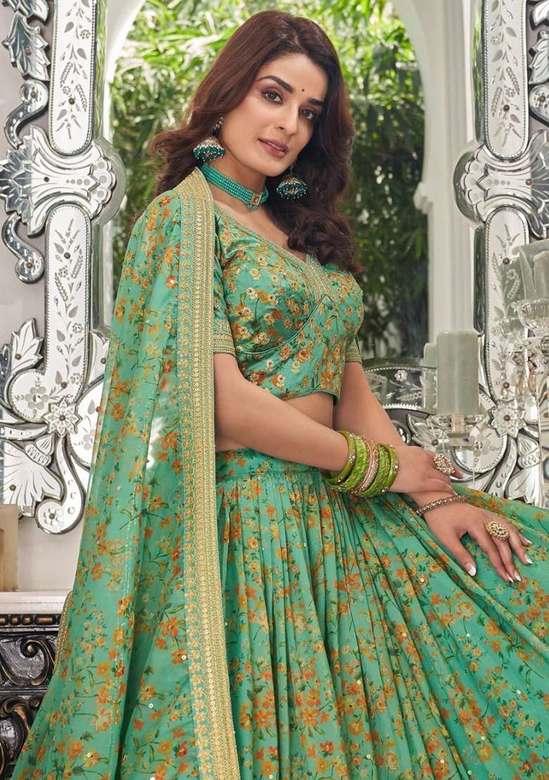 Green Organza Lehenga Set with Floral Print for Diwali | Wedding & Festive Wear - Indya