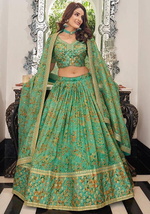 Green Floral Print Organza Lehenga Set