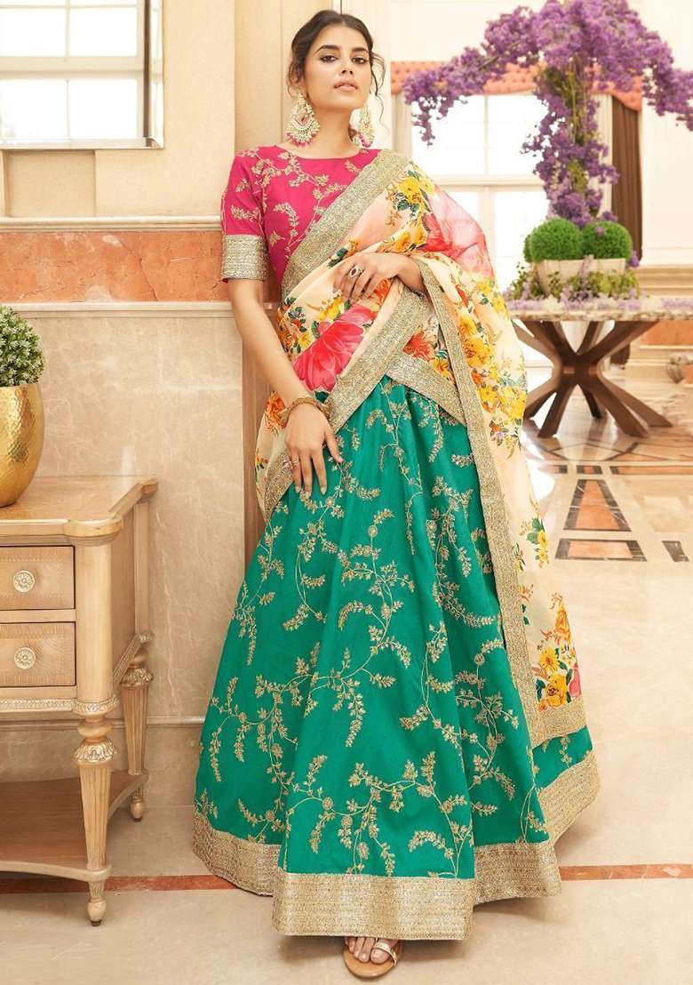Green Sequin Embroidered Art Silk Blend Lehenga Set for Diwali and Festive Wear - Indya