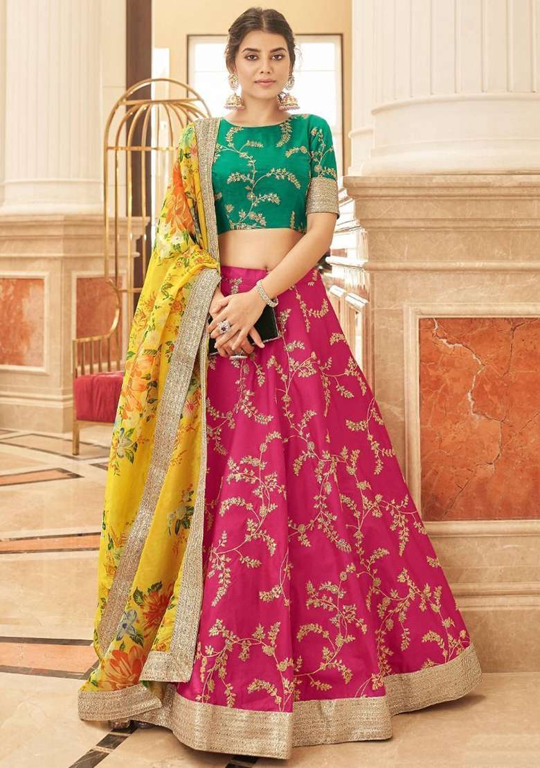 Pink Sequin Embroidered Art Silk Blend Lehenga Set for Diwali and Festive Wear - Indya