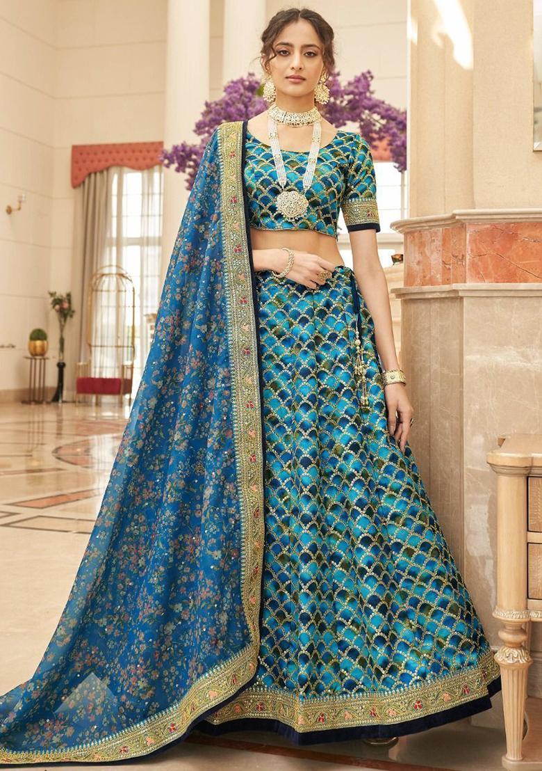 Blue Sequin Embroidered Art Silk Lehenga Set