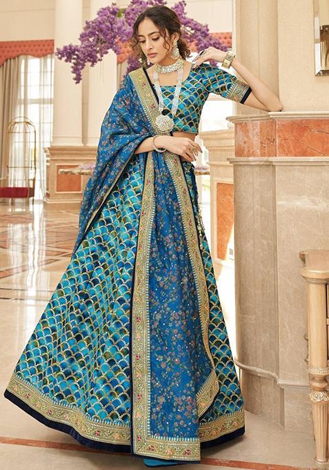 Blue Sequin Embroidered Art Silk Lehenga Set
