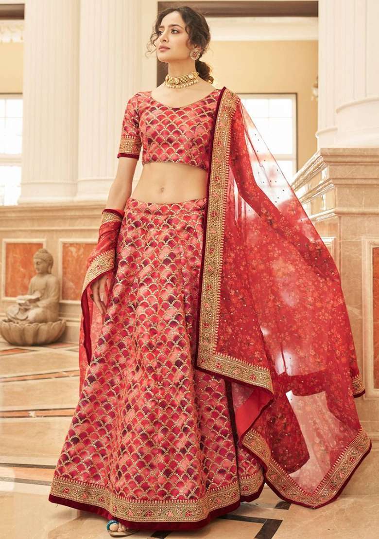 Red Blend Art Silk Lehenga Set with Embroidered for Diwali | Wedding & Festive Wear - Indya