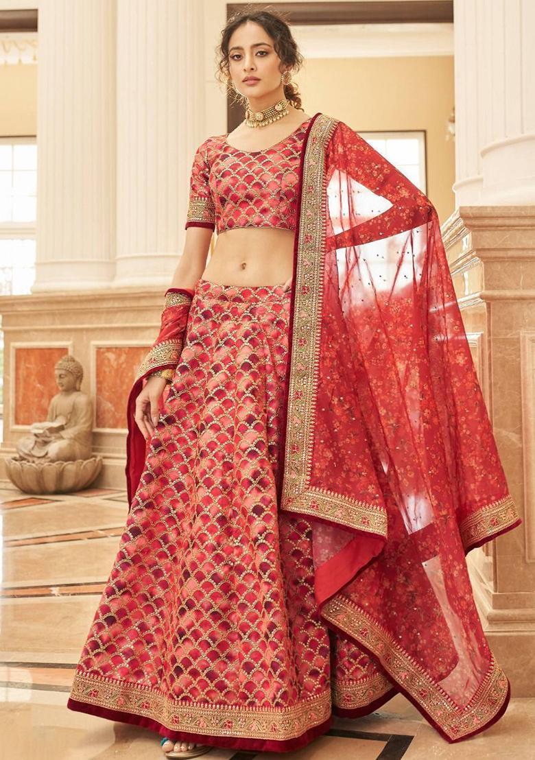 Red Embroidered Art Silk Lehenga Set