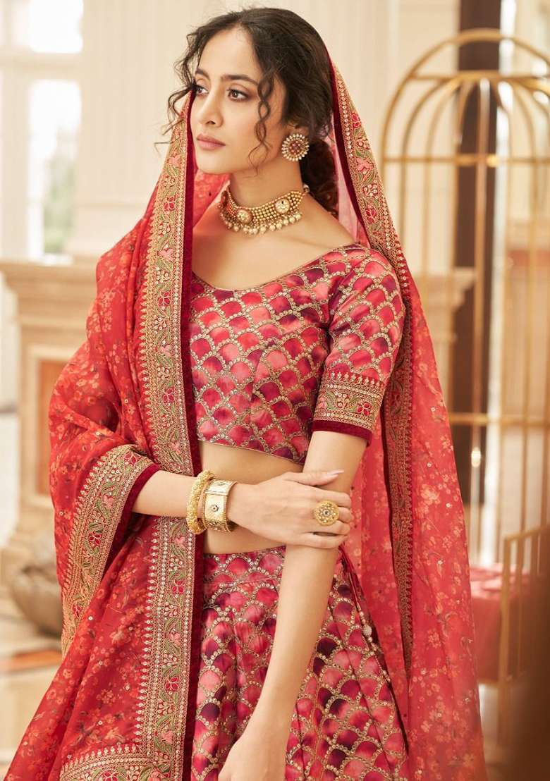 Red Blend Art Silk Lehenga Set with Embroidered for Diwali | Wedding & Festive Wear - Indya