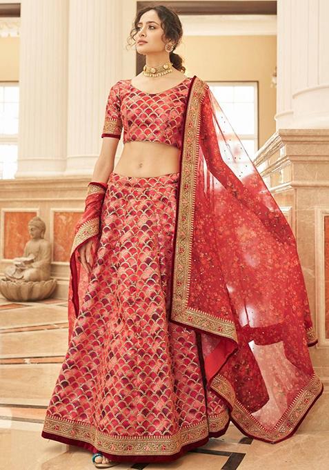 Red Embroidered Art Silk Lehenga Set