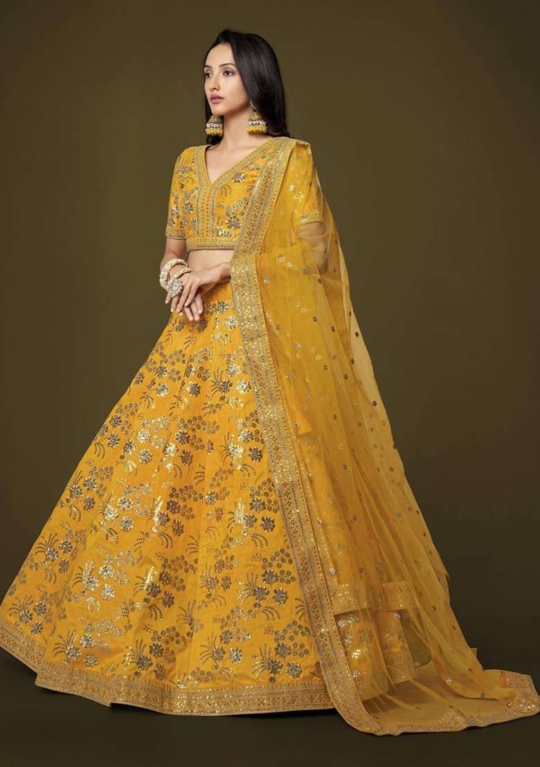 Yellow Sequin Embroidered Silk Blend Lehenga Set for Diwali and Festive Wear - Indya