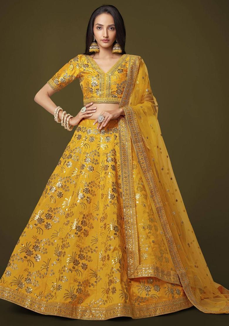 Yellow Sequin Embroidered Silk Lehenga Set