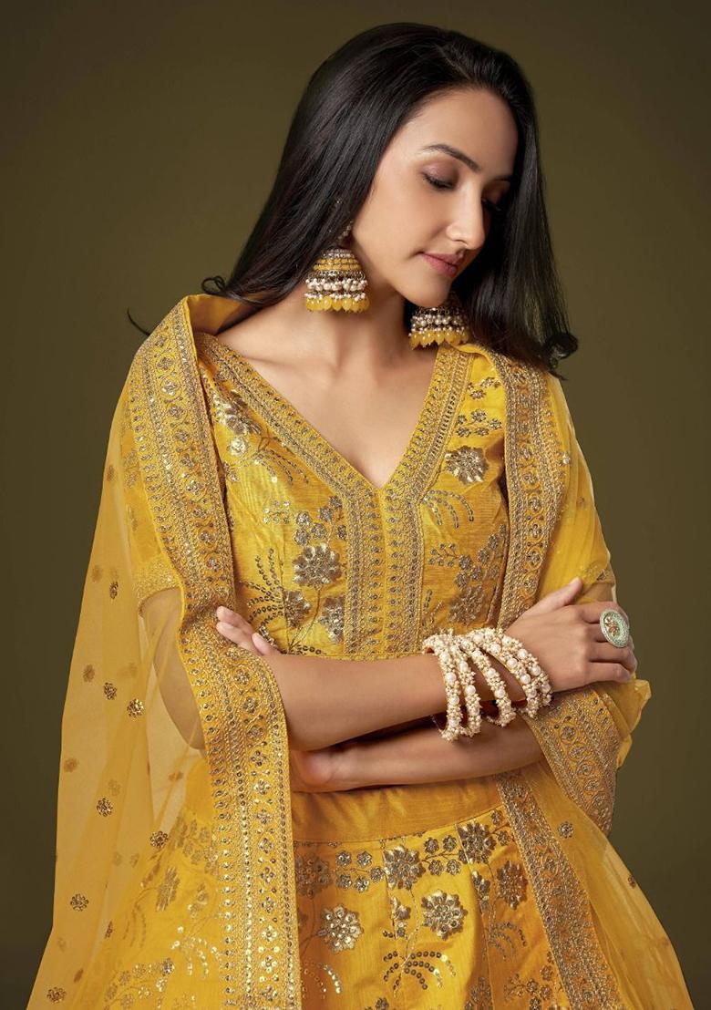 Yellow Sequin Embroidered Silk Lehenga Set