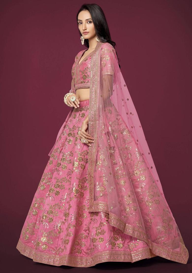 Pink Sequin Embroidered Silk Lehenga Set