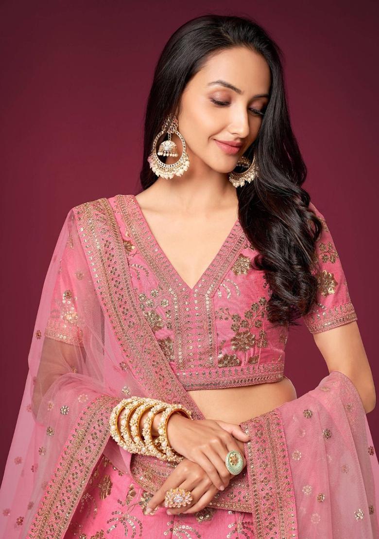 Pink Sequin Embroidered Silk Lehenga Set