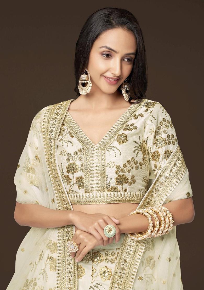 White Zari Work Silk Lehenga Set