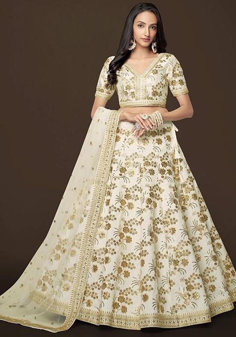 White Zari Work Silk Lehenga Set