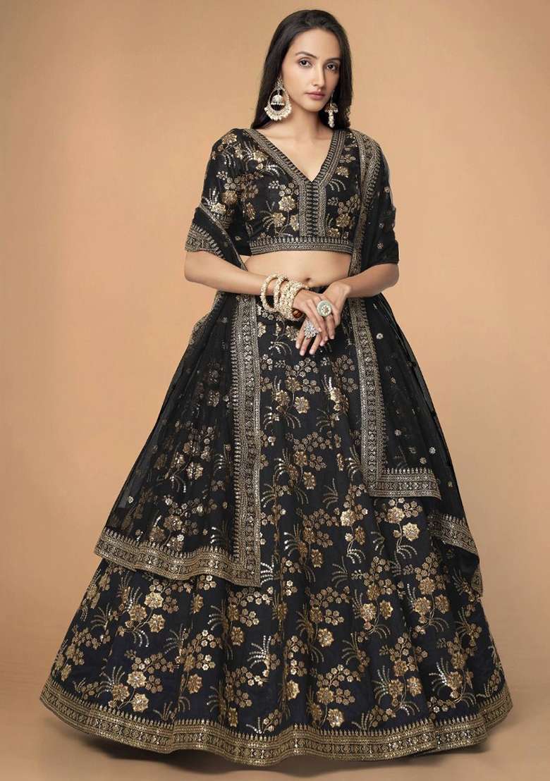 Black Sequin Embroidered Net Lehenga Set for Diwali and Festive Wear - Indya