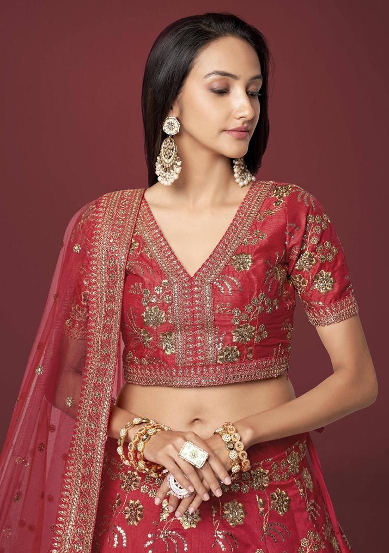 Red Zari Work Silk Lehenga Set